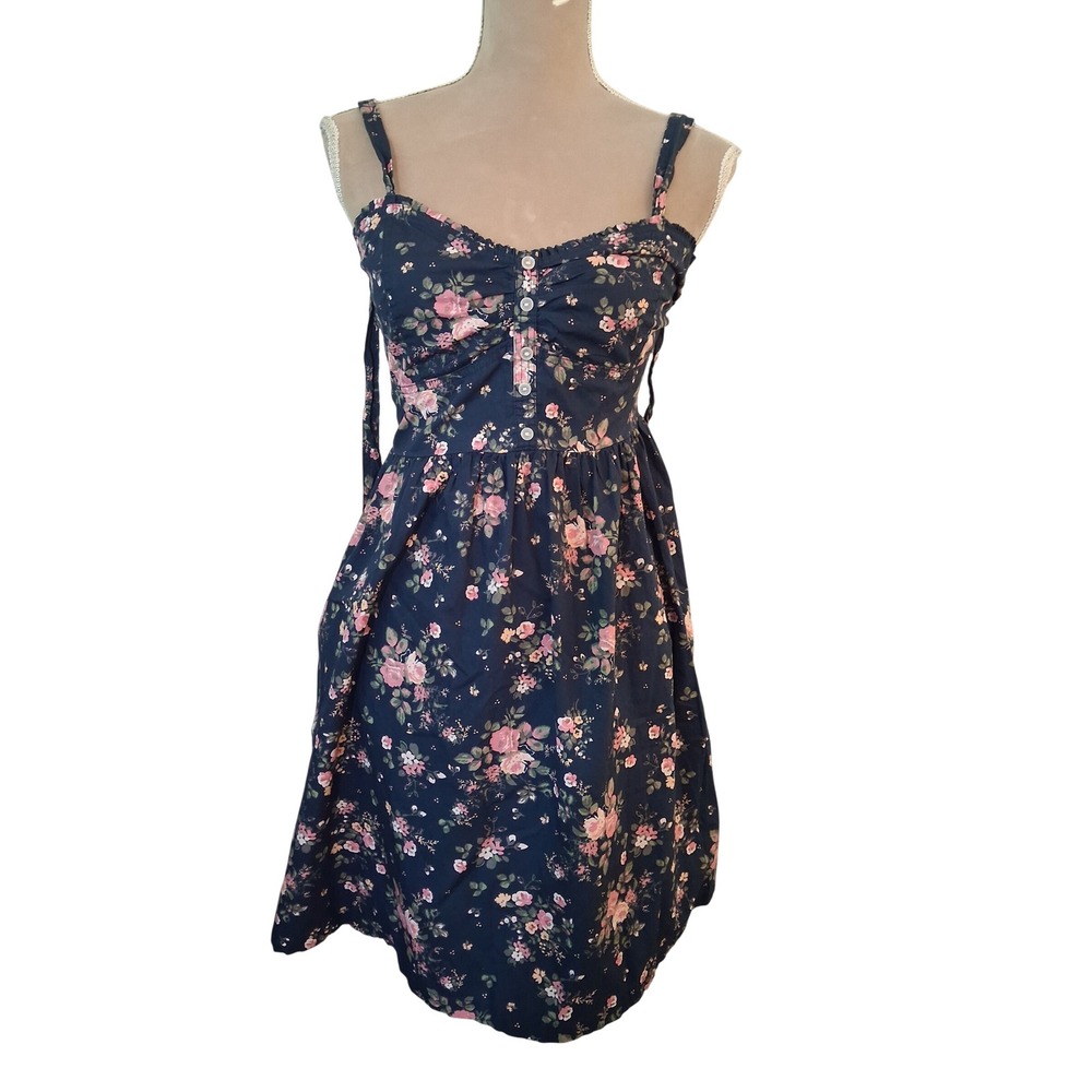 Maurices Navy Blue Floral Cotton Mini Dress Smocked Back Pockets Medium New
